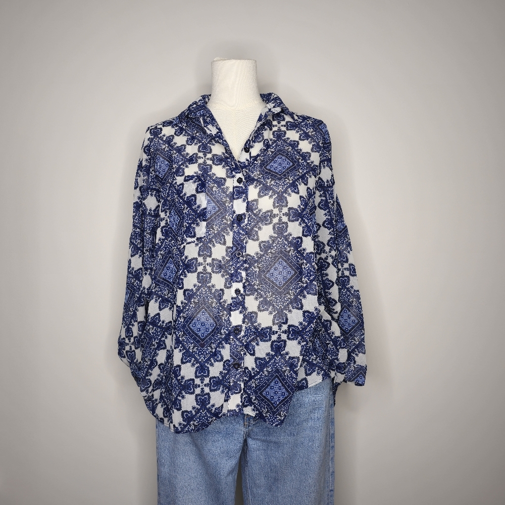 Sans Souci Sheer Button Up Collar Blouse